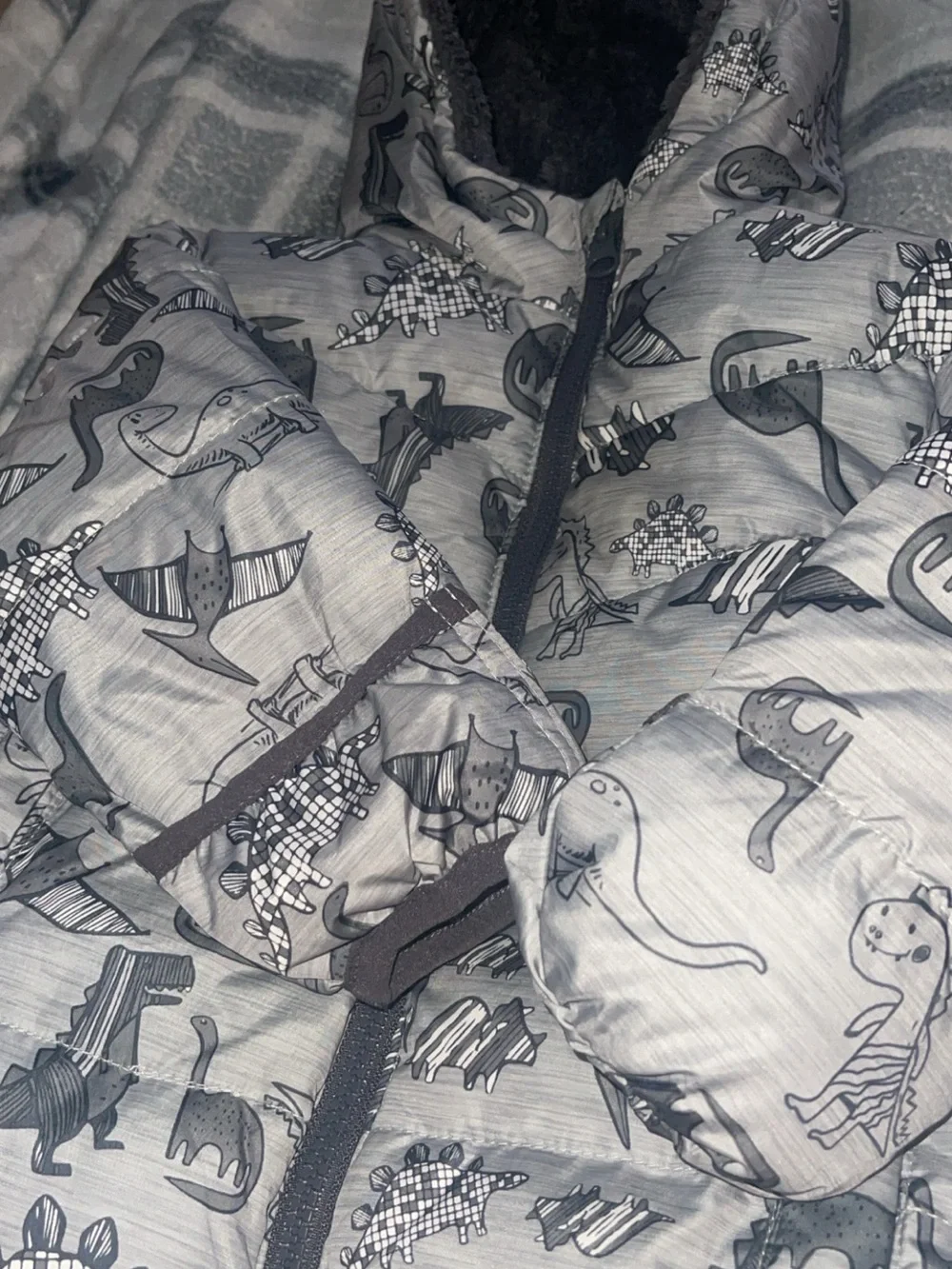 Swiss Tech Gray Hooded Dinosaur Print Puffer Jacket
